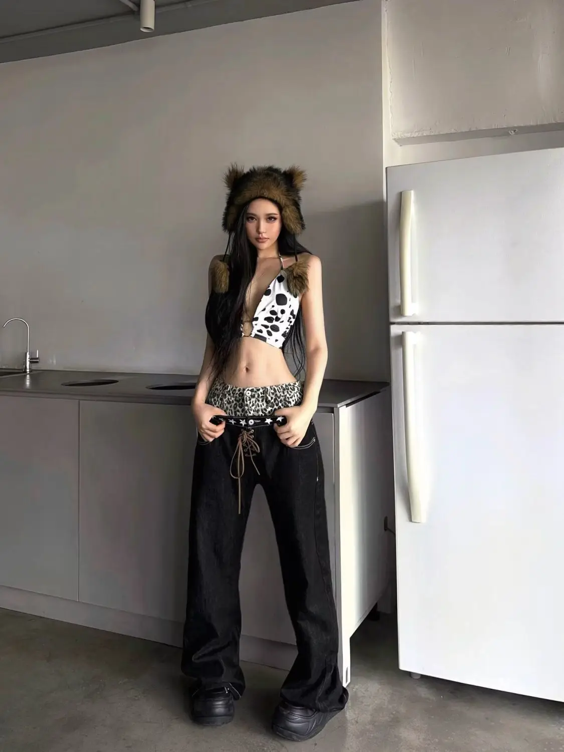 American Retro Subculture Spice Girl Jeans Women Black Leopard Print Star Wide Leg Pants Streetwear Gothic Outfits 2026 Summer