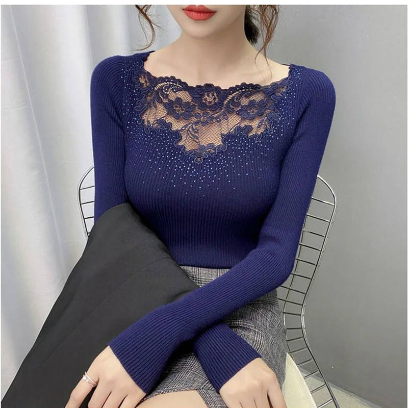 Autumn  Sexy Slim Sweater Lace Studded Stitching With Knitted Bottoming Shirt Slim Joker Spring And Autumn Fashion Blouse Female