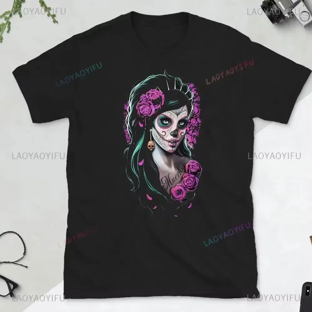 Sugar Skull T-Shirt La Catrina Girl with Purple Roses Dia De Los Muertos Sugar Skull Day of The Dead Tee Gifts for Men and Women