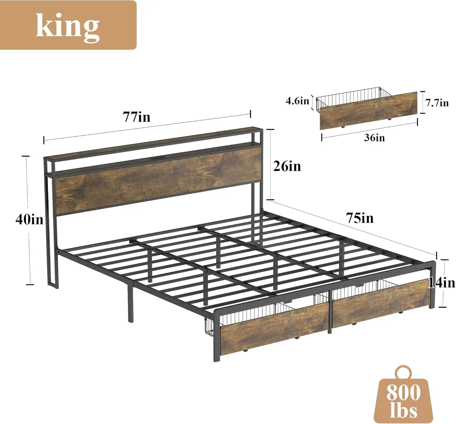 King Bed Frame With Storage Headboard, Metal Platform Bedframe With Storage Drawers, Built In Led & Charging Station, Metal