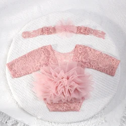 Ylsteed 2 Pieces Set Dusty Pink Newborn Lace Romper for Photo Shooting Fluffy Mesh Lace Photography Outfits with Headband