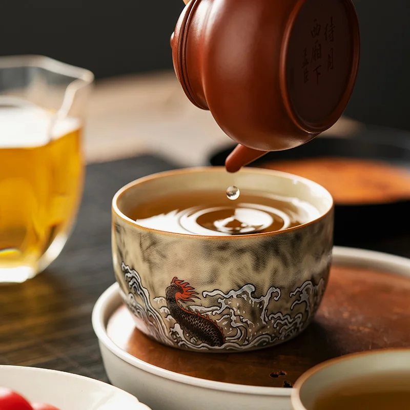 150ml Big Capacity Ru Kiln Dragon Ceramic Tea Cup Can Raise Personal Master Cup Household High-end Tasting Cup Kung Fu Tea Cup