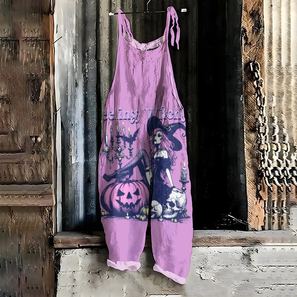 

Purple Casual Jumpsuit for Women, Ghost Pumpkin Print Overalls, Festive Atmosphere, Trendy New Designer Trf Pants