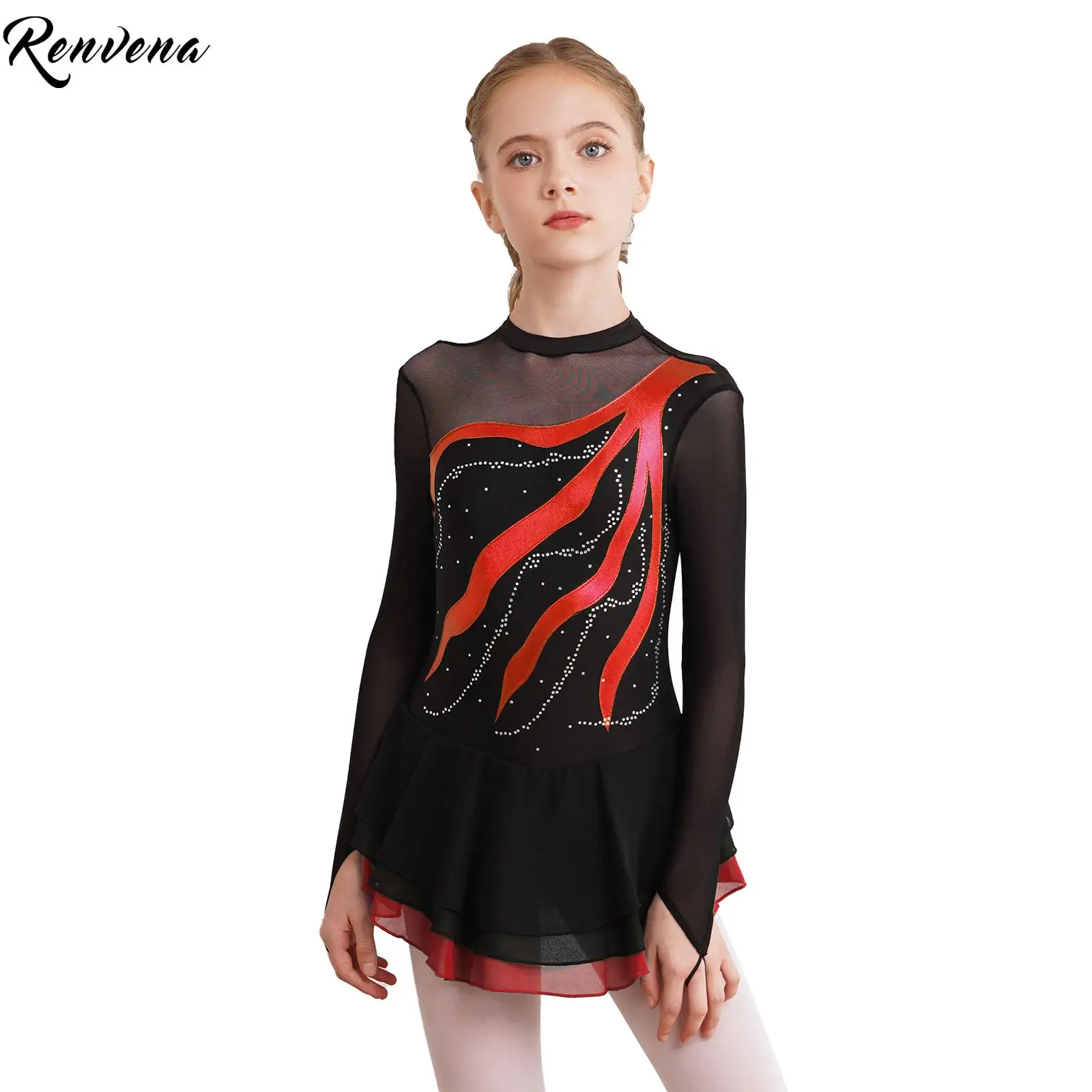 

Детское платье для фигурного катания на коньках для девочек, костюмы балерины, лирическое современное платье для латинских танцев со стразами в стиле пэчворк