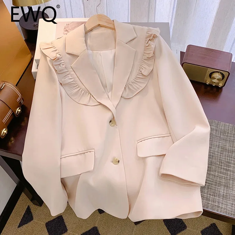 

EWQ Korean Style Ruffles Spliced Blazer Women Notched Collar Single Breasted Solid Color Coat Office Lady 2024 Autumn New 27X696