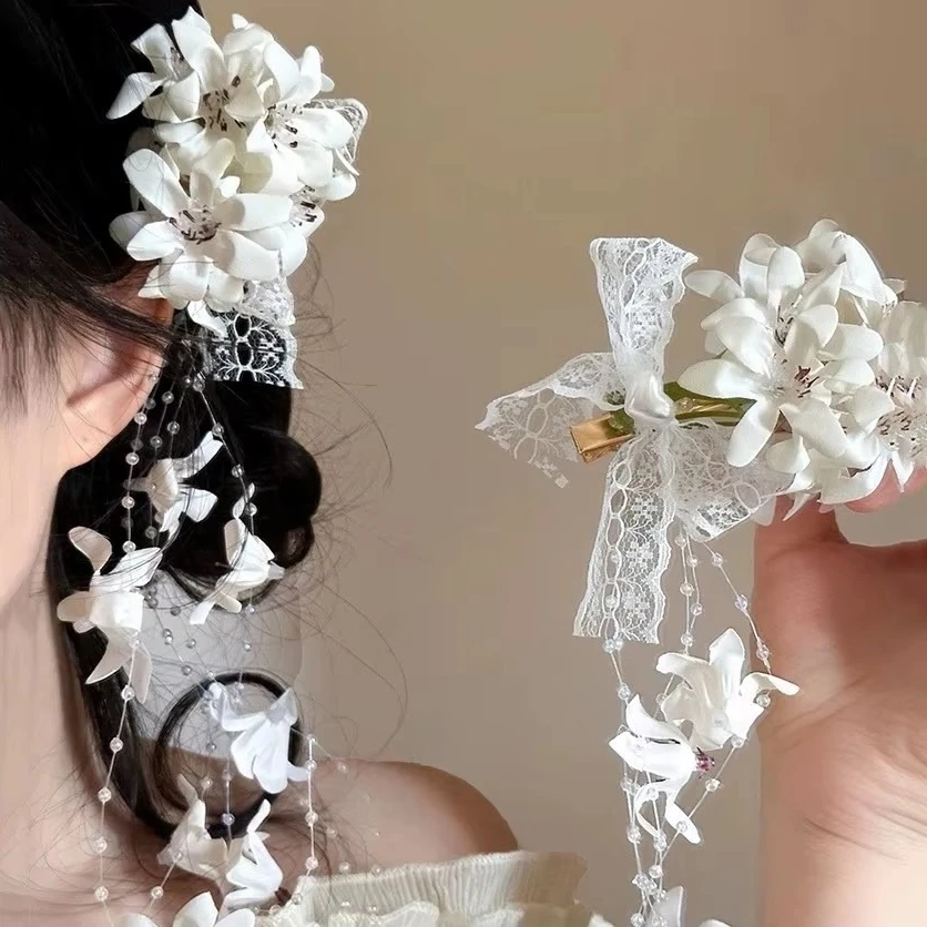 

Fabric Flower Hair Clips Girls Female Sweet Lace Bowknot Long Tassel Duckbill Clip Fairycore Lolita Style Hair Accessories New M