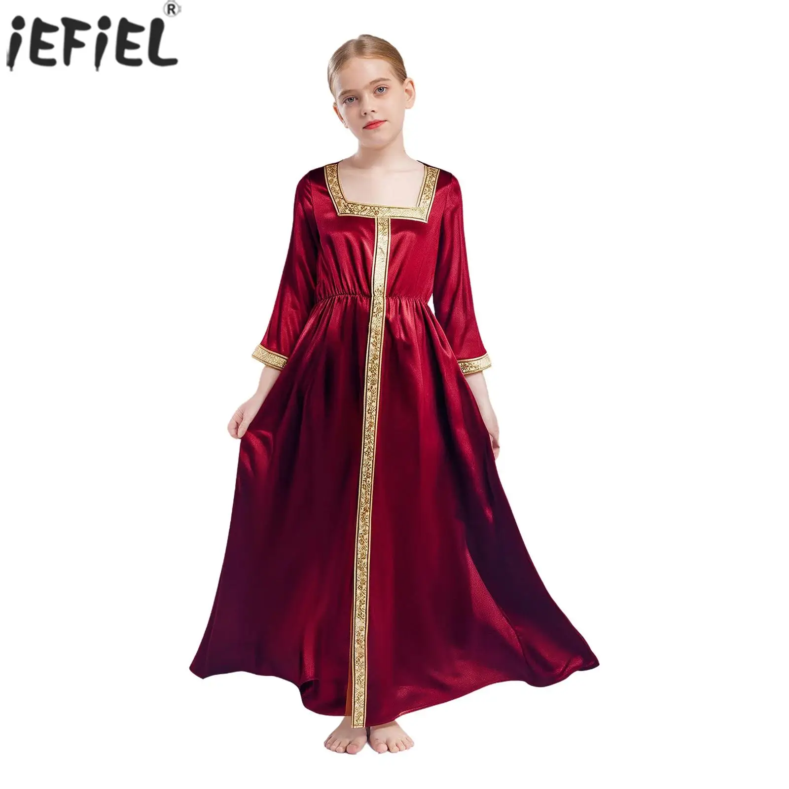 

Детское мусульманское исламское платье макси с рукавами 3/4, абайя для девочек, с квадратным воротником и вышивкой, халат, арабский Рамадан, Ид, кафтан, молитвенная одежда