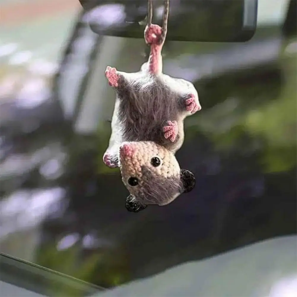 Cute Possum Opossum Car Charm Handmade Knitted Crochet Rearview Mirror Decor Auto Pendant Key Chain Car Interior Accessories