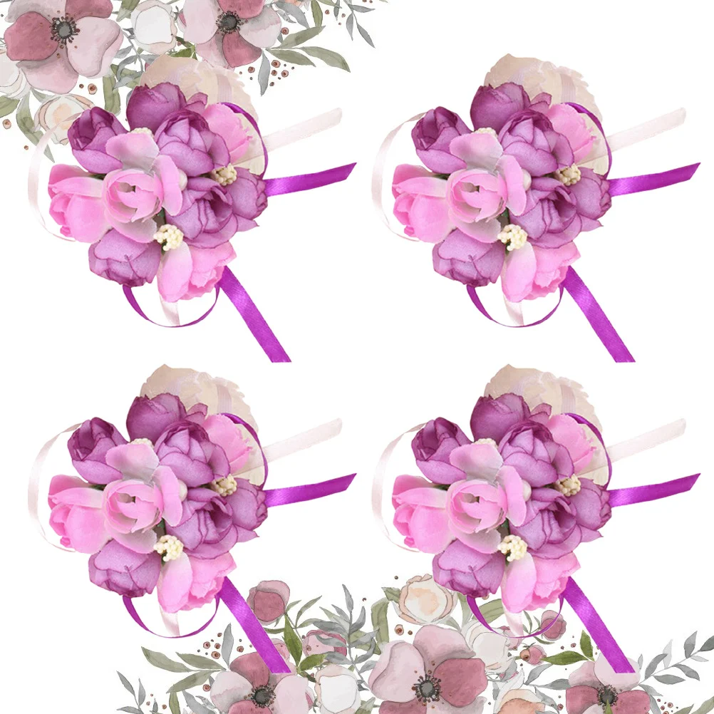 4 шт., свадебная брошь на запястье с цветком, элегантный декор из искусственных цветов для церкви, домашней студии, фотосессии, срок службы на память, фиолетовый
