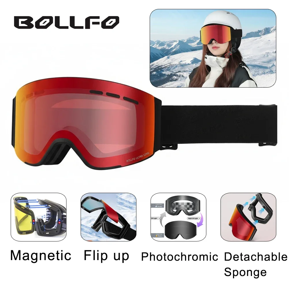 

BOLLFO Flip-Up Magnetic Ski Goggles UV400 Double Layer Anti-Fog OTG Goggles Detachable Sponge Freeride Photochromic Snow Glasses