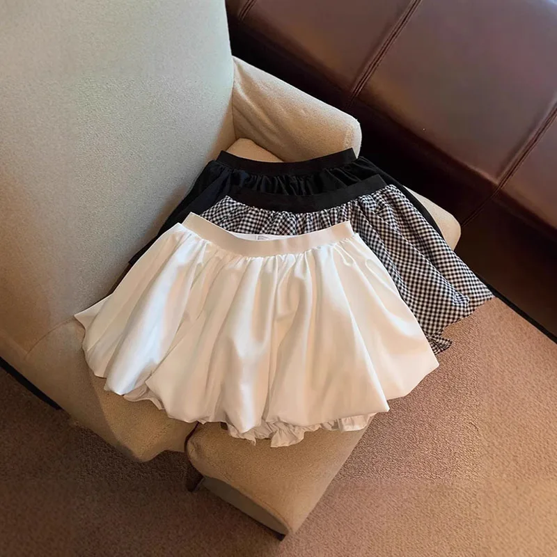 Women's Summer Korean-style High-Waisted Slimming A-Line Mini Skirt with Lining Solid Color Short Skirt Lantern Skirt