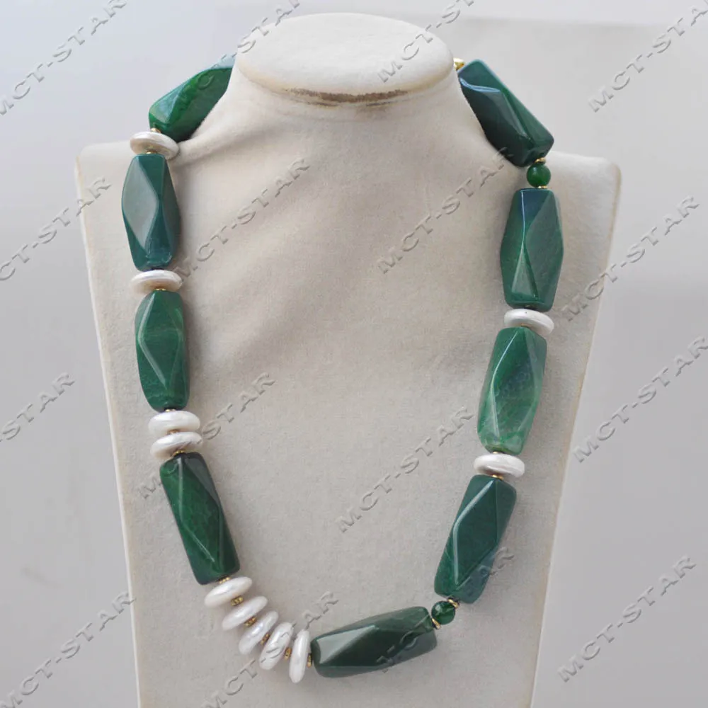 MCT·STAR  21'' 40mm Green Faceted Pillar Agate White Coin Pearl Necklace CZ Custom Jewelry （Z13979 ）
