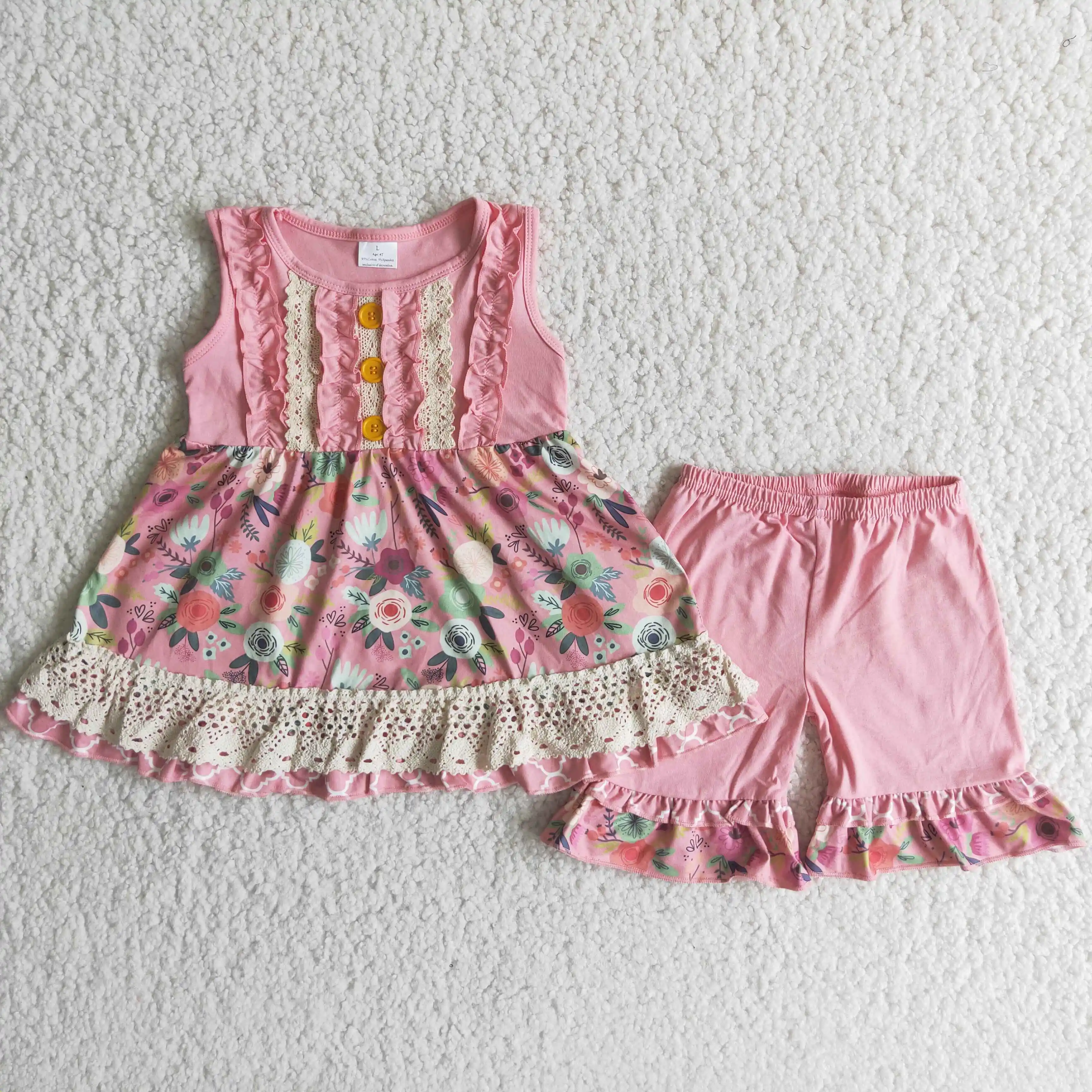 

Cheap Price RTS Baby girls pink floral kids 2pcs summer sleeveless top lace shorts boutique kid outfits toddler girl clothes set