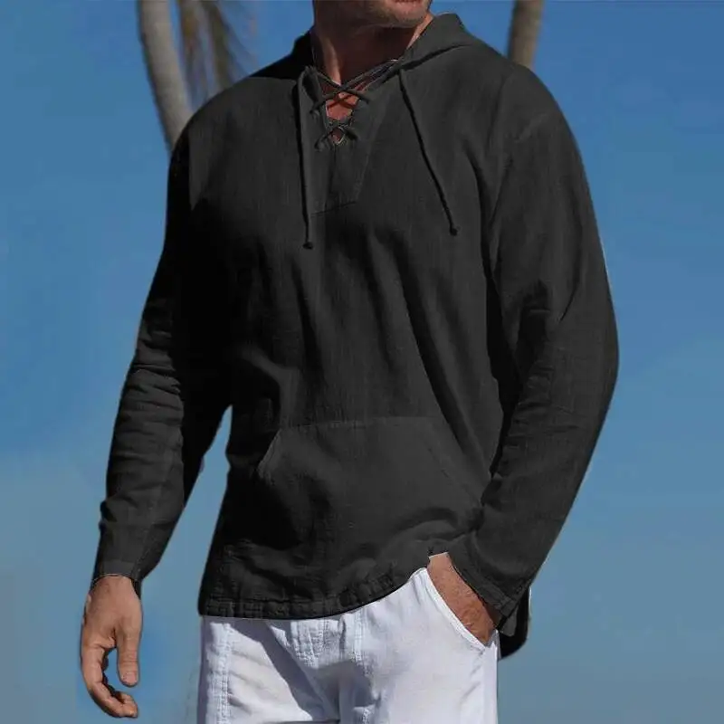 Men's Sports And Casual Tropical Cotton Linen Straps T-Shirt Pocket Decoration Solid Color Hooded Long Sleeve Trendy Shirt