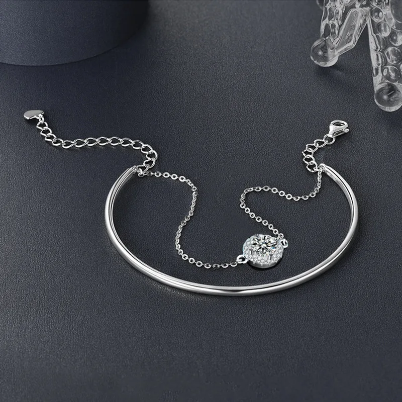 Timeless 2-Layer Round Cut 0.5CT 5mm Moissanite Cuff Bangle For Women D Color 925 Silver Hand Link Chain Bracelet Adjustable GRA