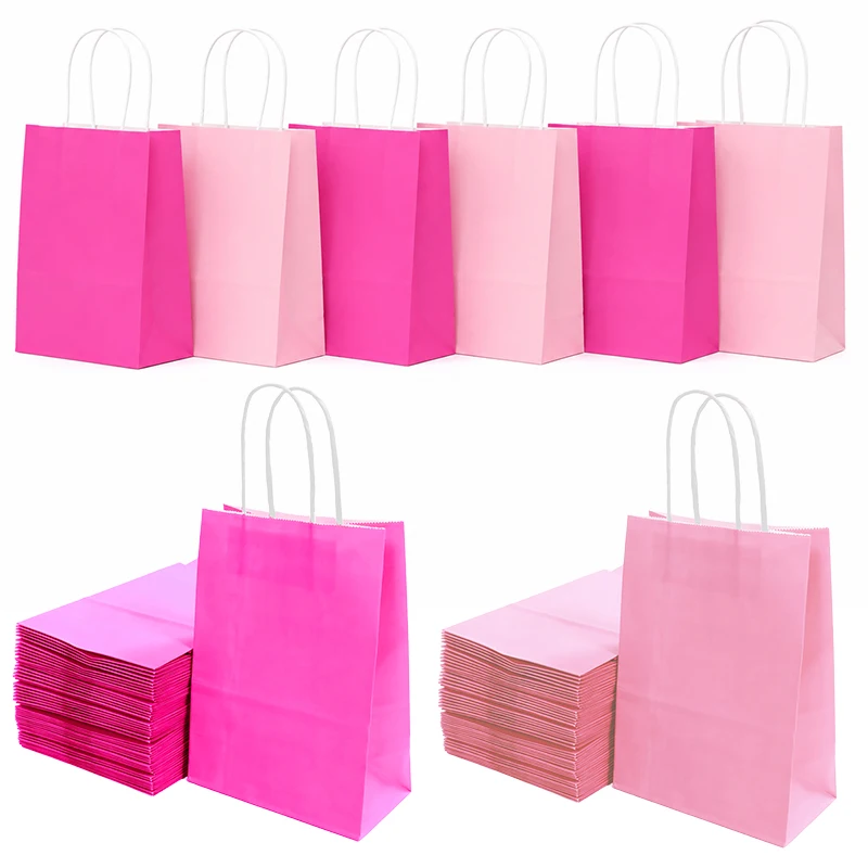 16PCS Pink Rosered Paper Gift Bags with Handles Small Shopping Bags for Wedding Favors Birthday Party Holiday Gift Packaging ZYF