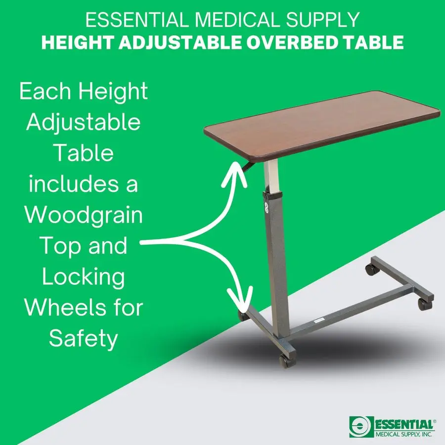 Height Adjustable Automatic Overbed Table Woodgrain Top with Locking Wheels, Perfect for Hospital and Home Use Table for Easy A