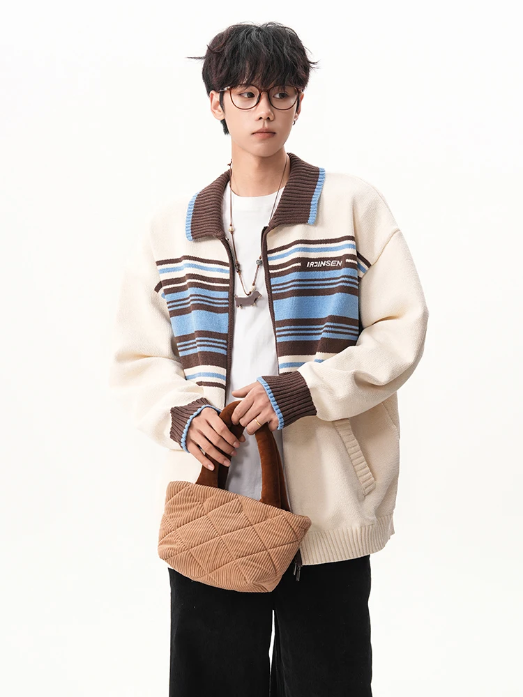 2025 Autumn Winter New Apricot Striped Cardigan Sweater Men's Turn-down Collar Black Color Block Loose Casual Knitwear