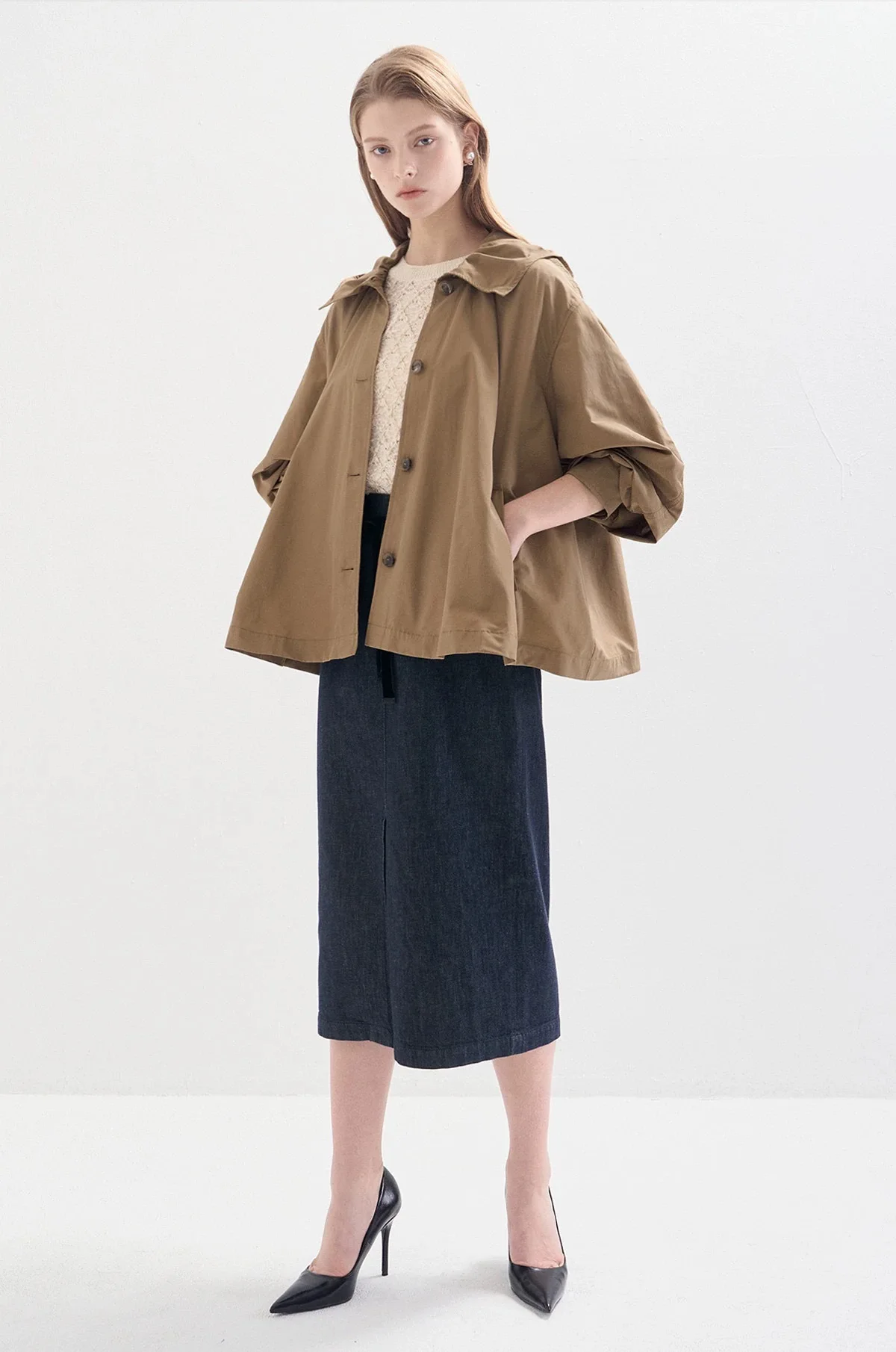 

Lemon Cheese LAN25 Autumn ort A-Line Coat Casual Thin Hooded Jaet Versatile Thin Sle Commute Long Sve Pure Color