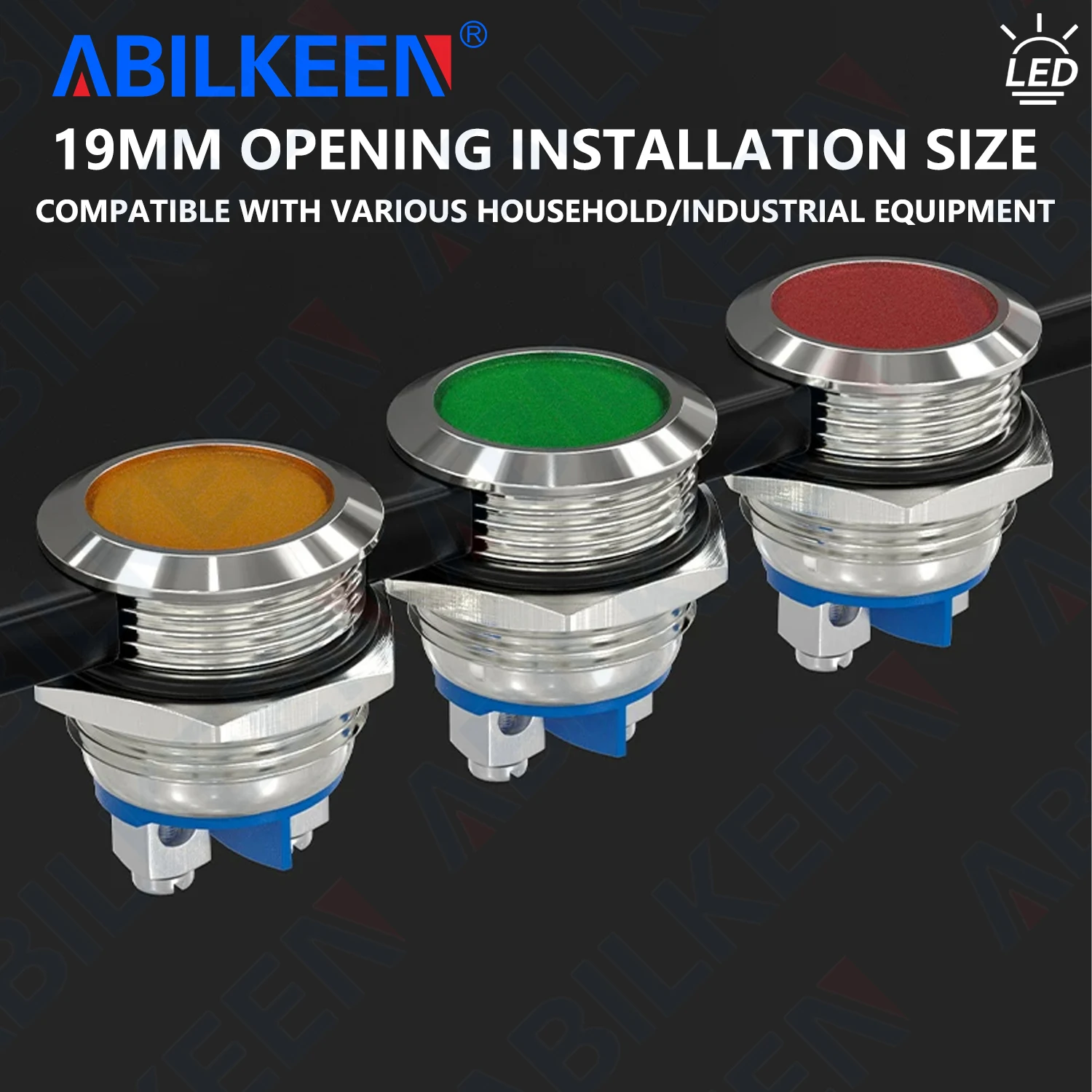 ABILKEEN 19MM LED Metal Indicator Light High Bright Pure-Color Light Industrial Pilot Lamp 3-220V with 2Pin Screw Terminal