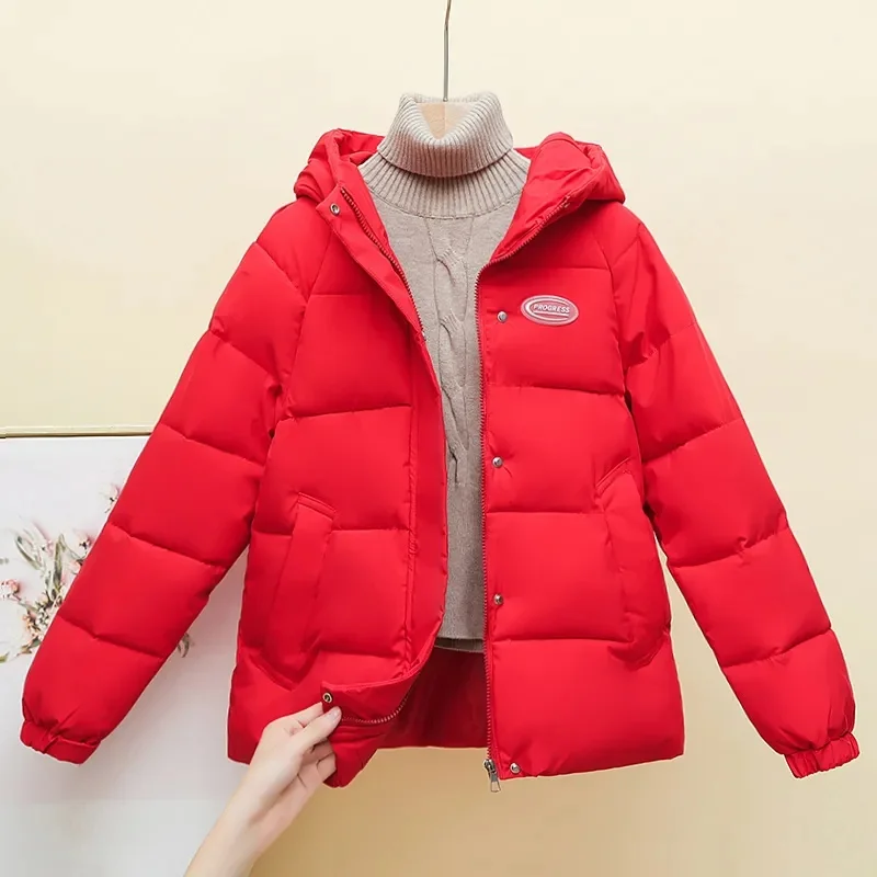 2025 novo inverno feminino curto parka solto algodão-acolchoado jaqueta senhora casacos quentes moda estudante capuz engrossar casaco feminino parkas