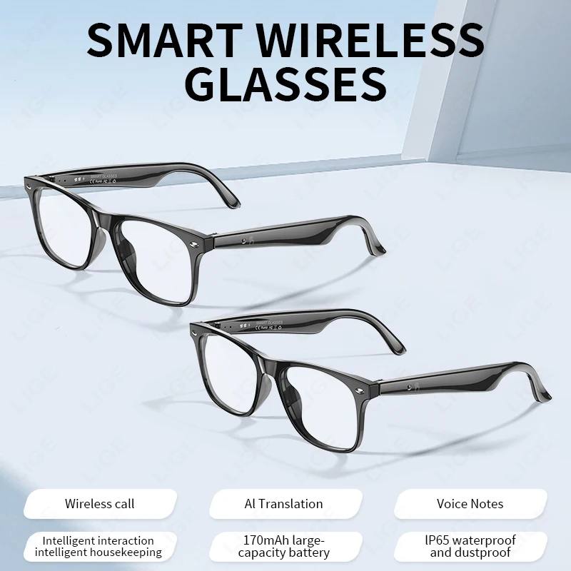 

LIGE Smart Glasses 163 Languages AI Automatic Dialogue Translation Bluetooth Call Glasses With Speaker UV Protection Sunglasses