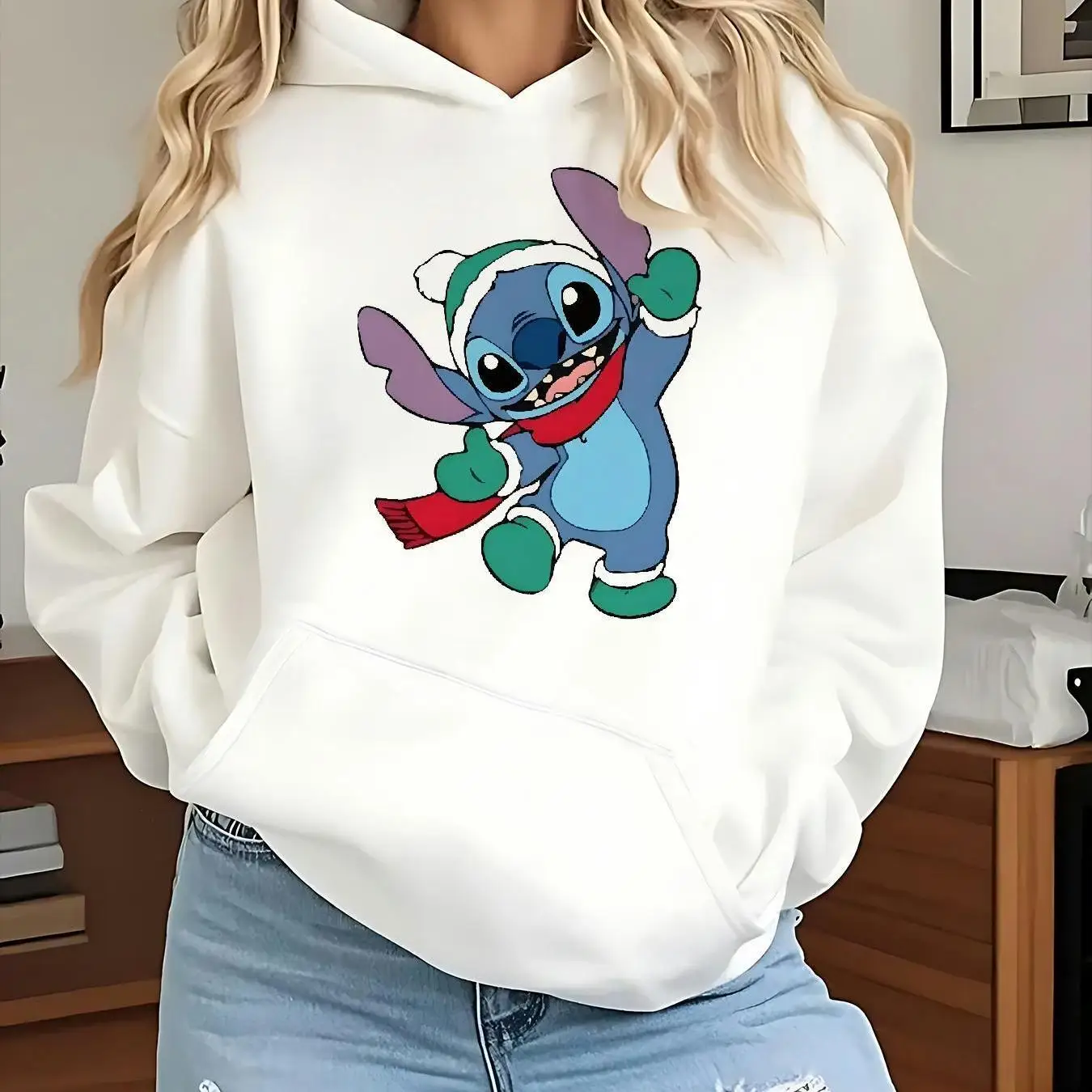 

Рождественские толстовки с капюшоном Disney Stitch, модные большие толстовки унисекс, осенне-зимние флисовые повседневные универсальные толстовки