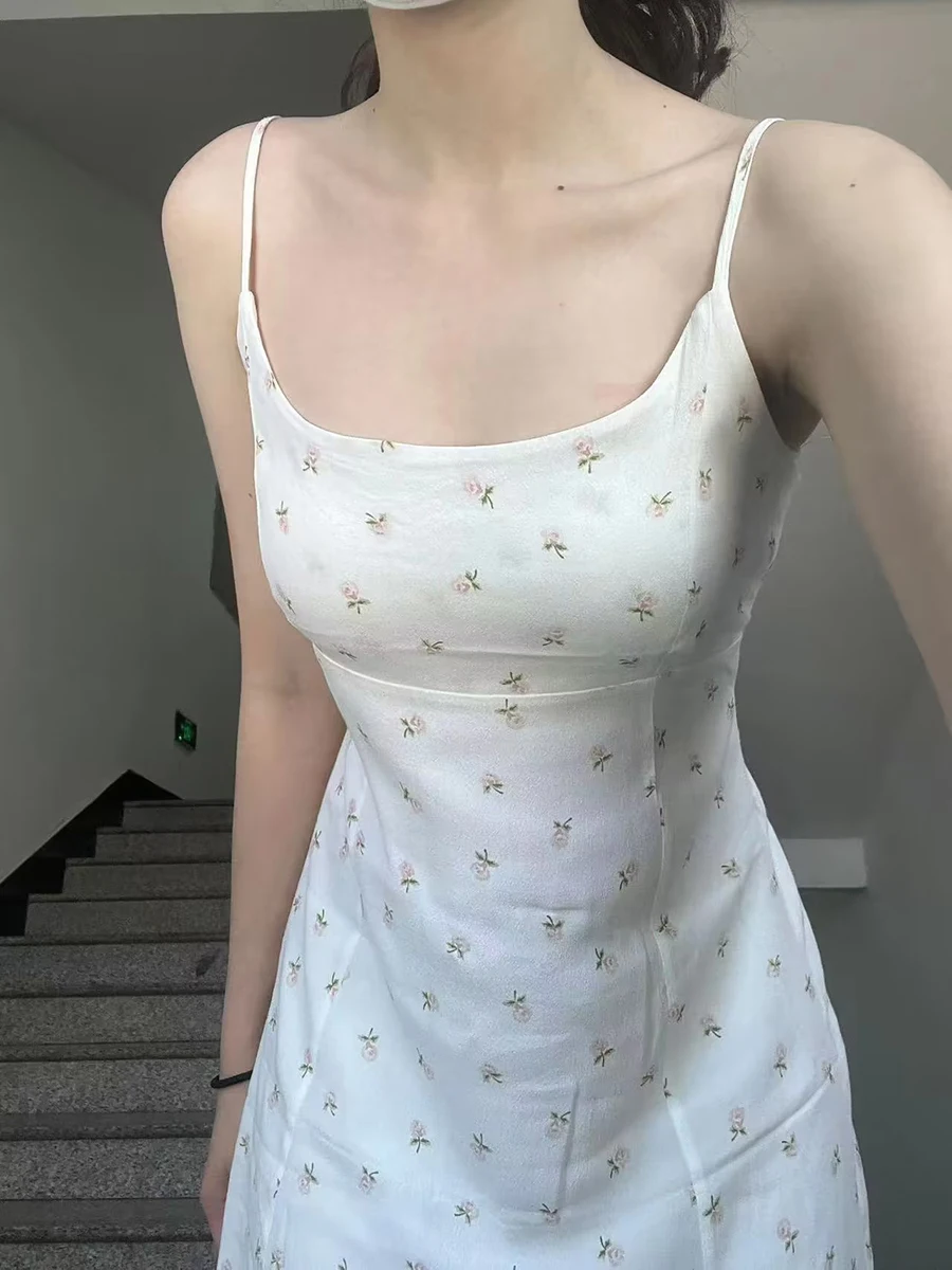 Dulce estampado Floral Sexy espalda descubierta Camis vestido de mujer de verano de gasa de cintura alta sin mangas Vestidos largos Vintage lindo Y2K Vestidos