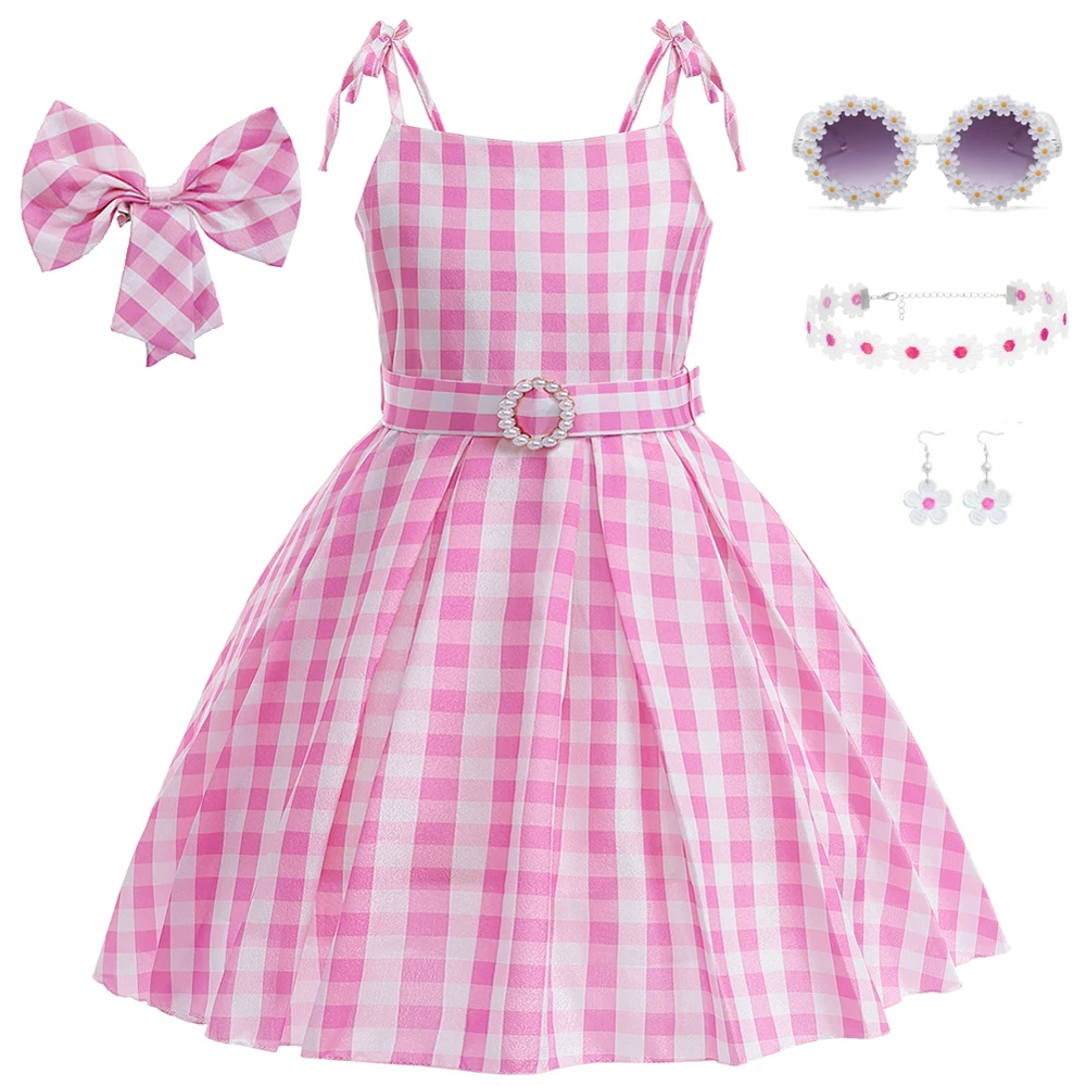 Girls Pink Princess Dress Movie Cosplay Costume With Belt Plaid Skirt+Sunglasses 5PCS Halloween Birthday Outfit Dress Up 2-10T