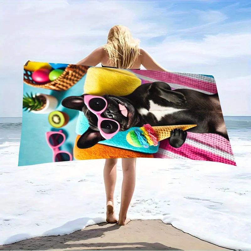 1pc Vibrant Beach Towel with Playful Pug Rainbow Ice Cream Design - Durable Quick-Dry Absorbent Washable Polyester