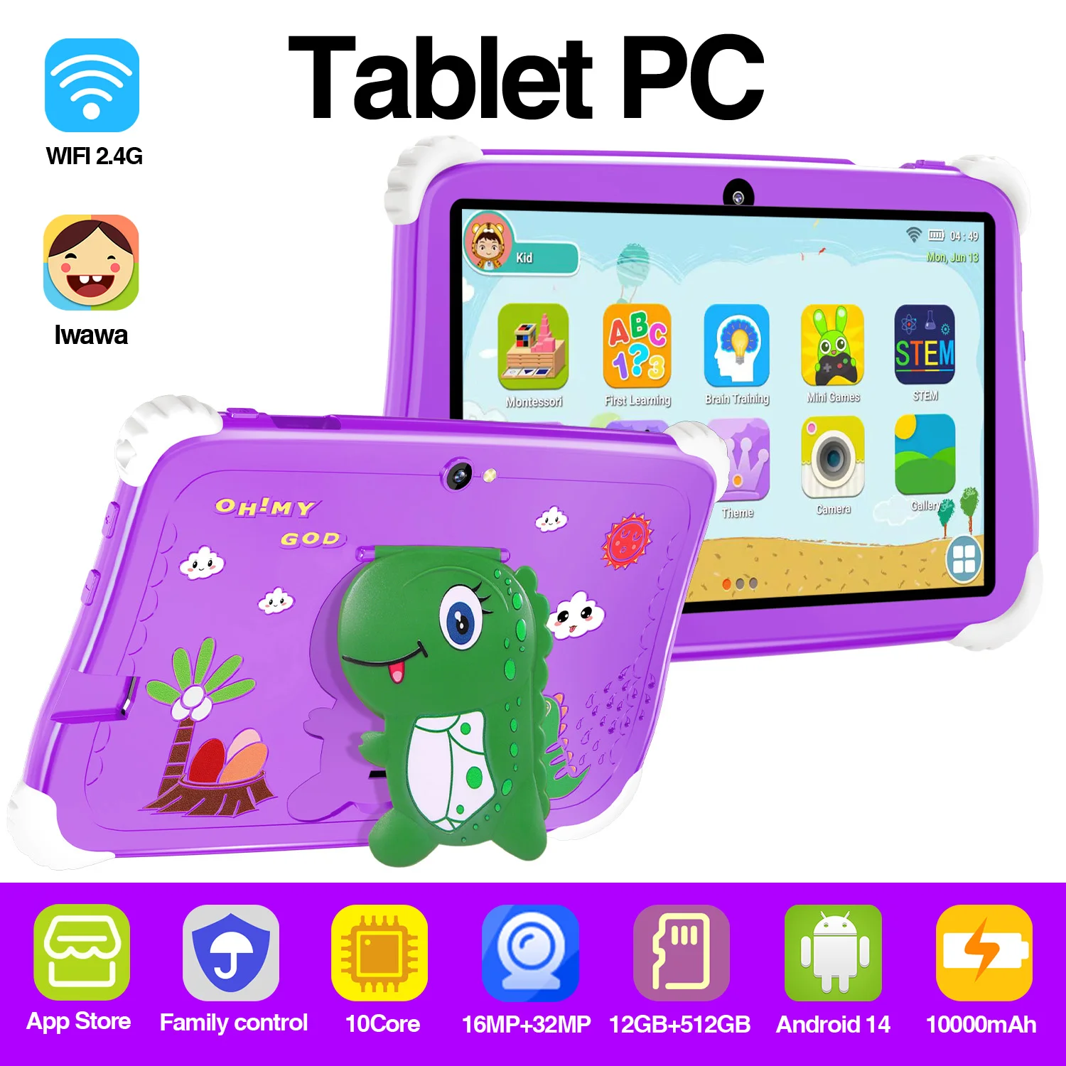 

Kids Dinosaur Android Tablet 7-inch 12GB RAM 512GB ROM Bluetooth 5G GPS WiFi Snapdragon 888 Android 14 16MP+32MP Shockproof Case