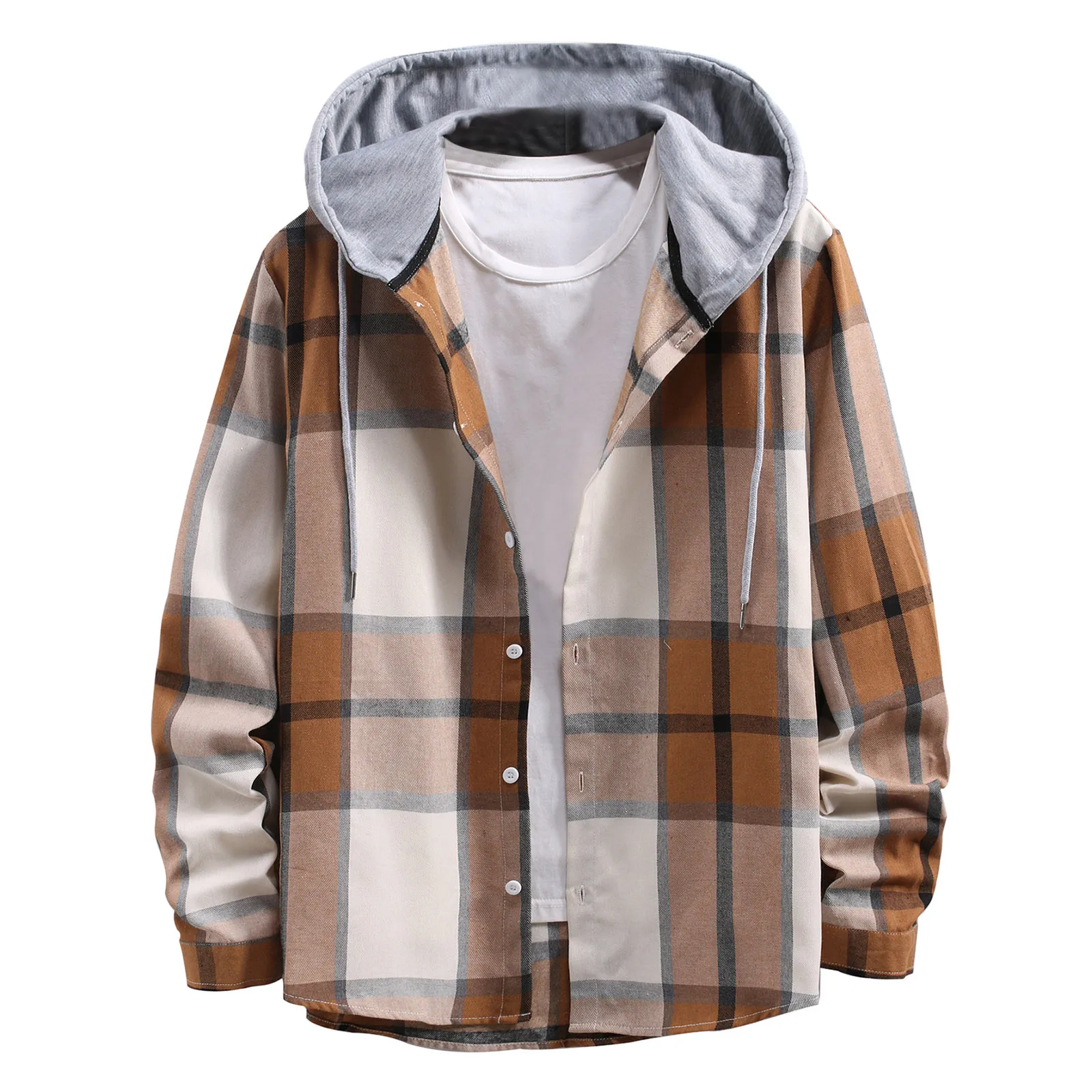 Long Sleeves Shirts For Men Autumn Casual Plaid Print Shirt Hooded Collar Button Down Shirts Coat Male Clothing Ropa Hombre