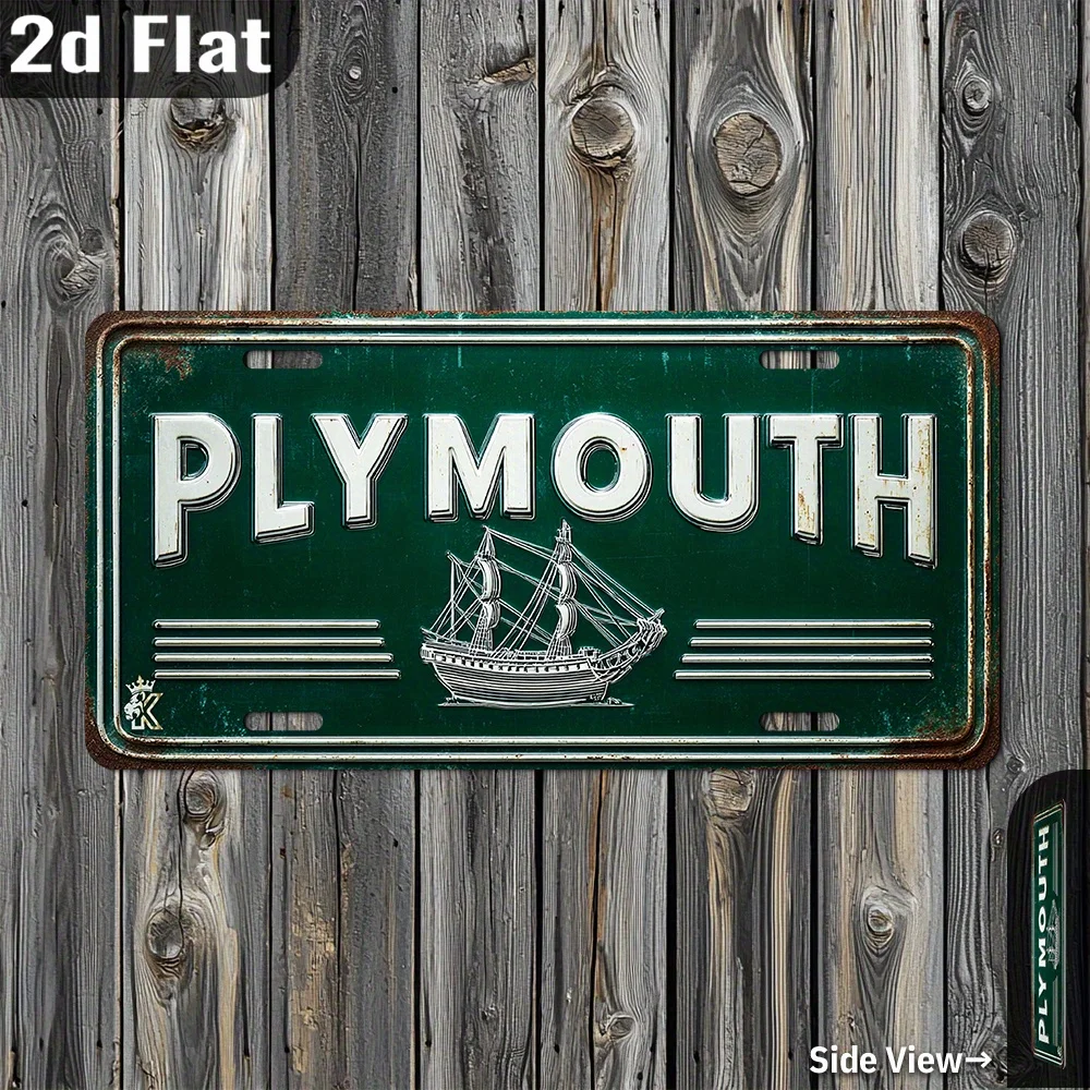 2D Flat - [Open ]2D Flat, 2D Flat, Vintage Plymouth Metal Sign - 2D Flat Wall Art with Nautical Ship Design, 30.23 Cm X 15.24 Cm