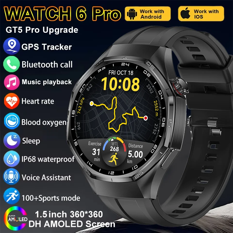 جديد رقيقة جدا GT 6 Pro ساعة ذكية الرجال HD AMOLED 100 + الرياضة مراقبة الصحة بلوتوث دعوة IP68 مقاوم للماء لتحديد المواقع المسار ساعة ذكية