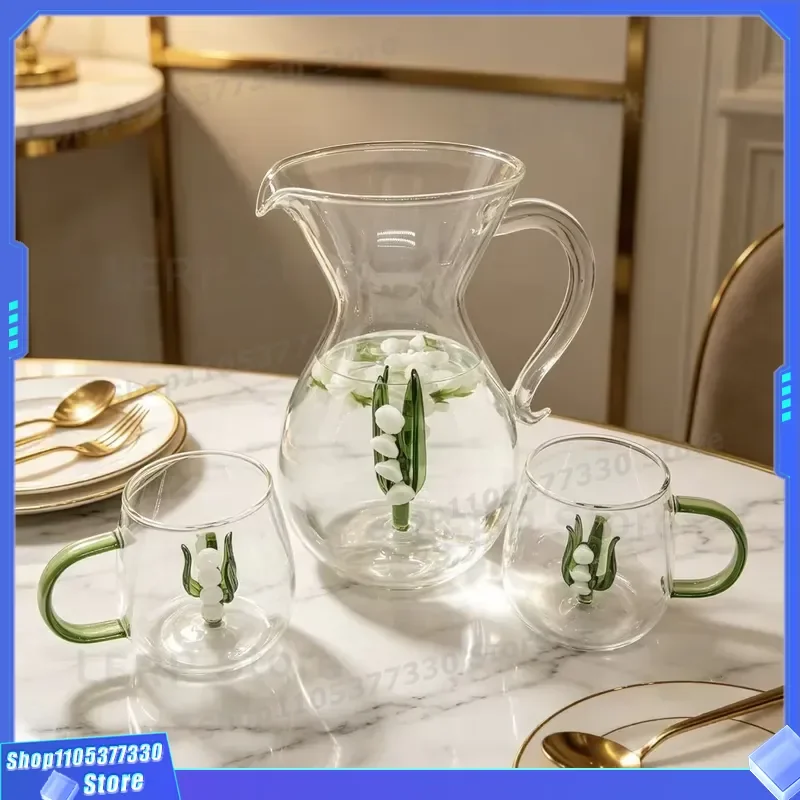 Heat Resistant Glass Kettle Set Modern 3D Lily of the Valley Design Water Cup for Office Home Use Durable Teapot and Mug