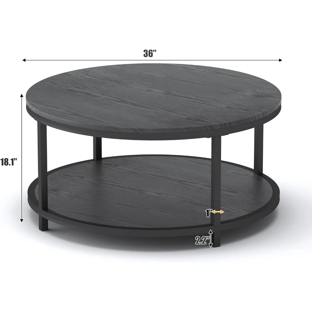 Simple industrial 35.8-inch circular coffee table with storage rack and sturdy metal legs, black, easy to assemble