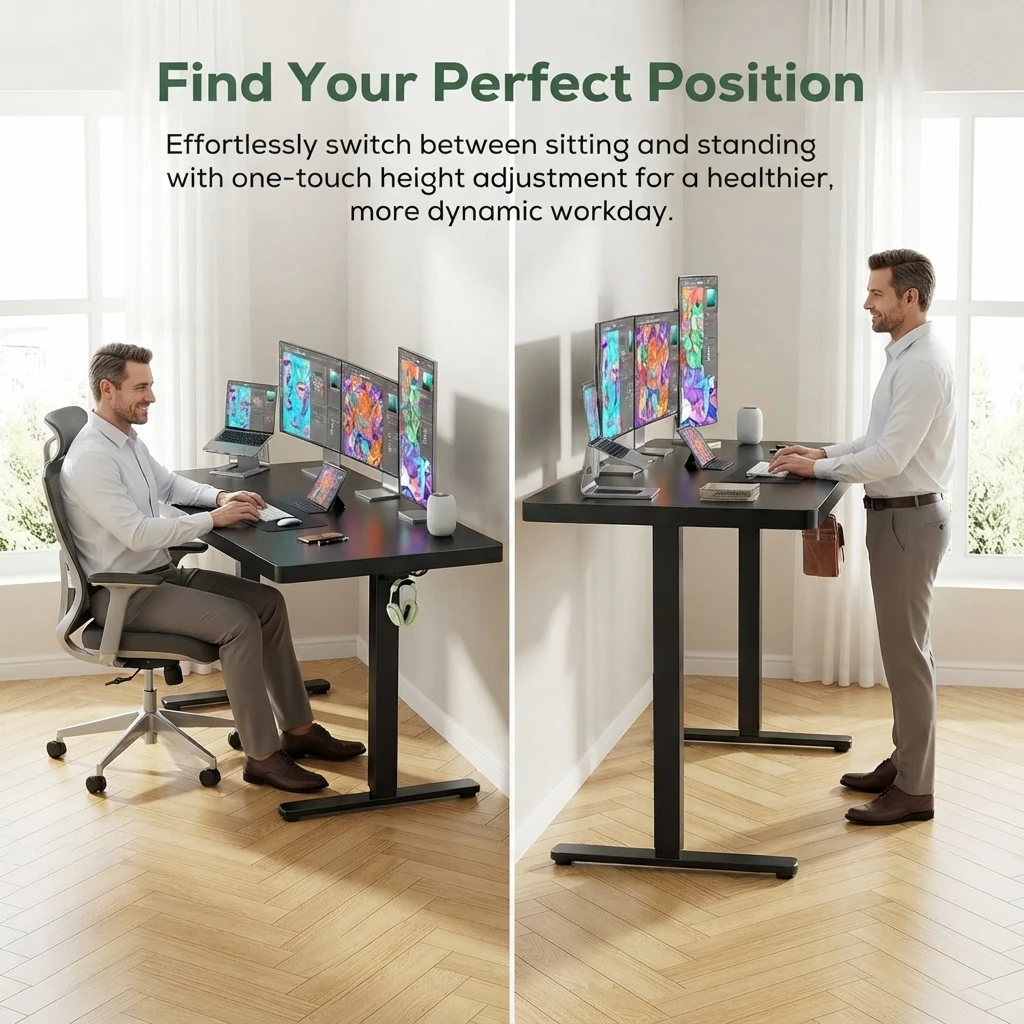 Electric Standing Desk with One-Piece Desktop, 55 X 30 Sit Stand Desk with Thickened Tabletop, Height Adjustable Stand Up Desk with Cable Management for Home Office (Frame+Desktop, 2 Packages)