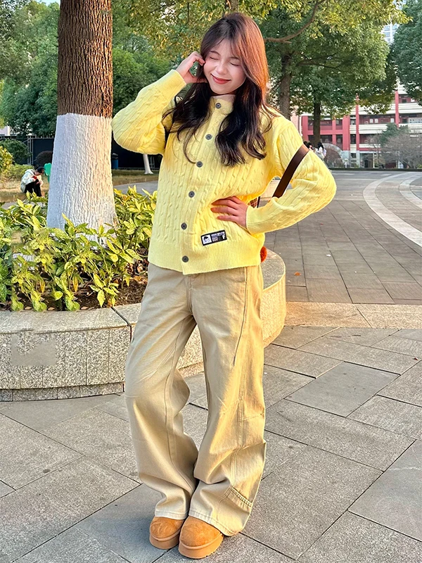 

American Retro Khaki Workwear Wide Leg Jeans Women's High Waist Loose Straight Cut Long Pants Spring Season Fashion Ladies