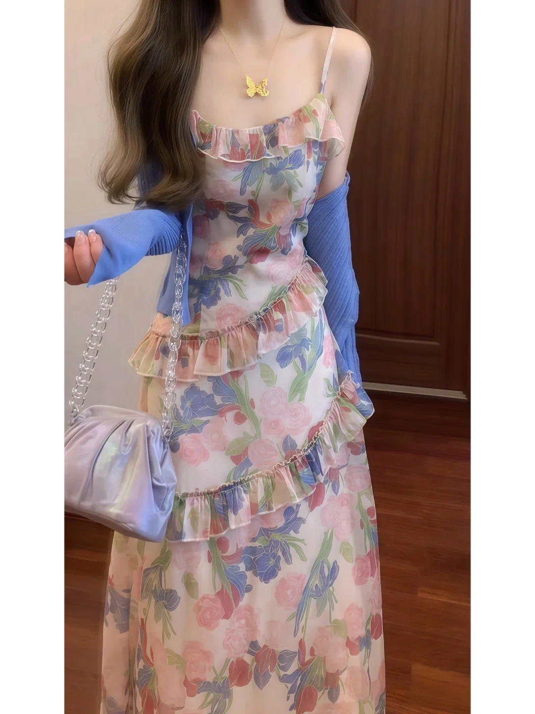 Verano 2025 Cárdigan abierto con estampado floral Tea Break Dr Conjunto de dos piezas Ele Lady Sle Falda larga Ropa de viaje informal Hidrata...