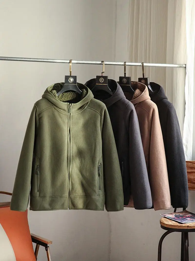 

Winter Thiened Fce Lined Hoodie Jaet Men's American Casual Sle Zipper Closure Youth Faion Long Sve Sweatirt