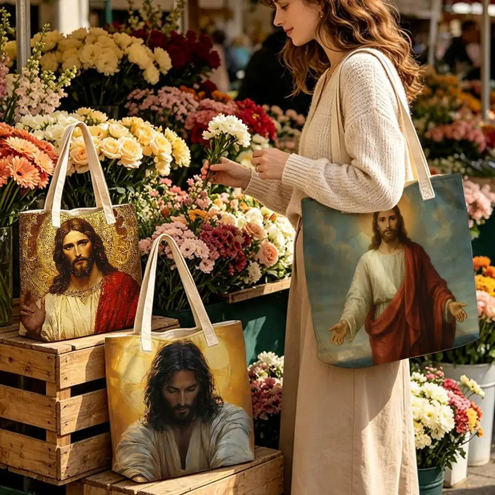 Classic Sacred Figure J-Jesus pattern printed canvas tote bag, suitable for daily use, shopping, school, and travel