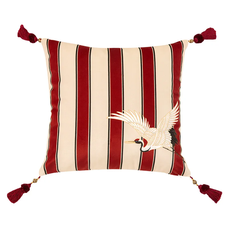 Chinese Red Stripe Crane Pillows Luxury Holiday Cushion Case Modern Retro Decorative Pillow Cover For Sofa Chair Home Decoration