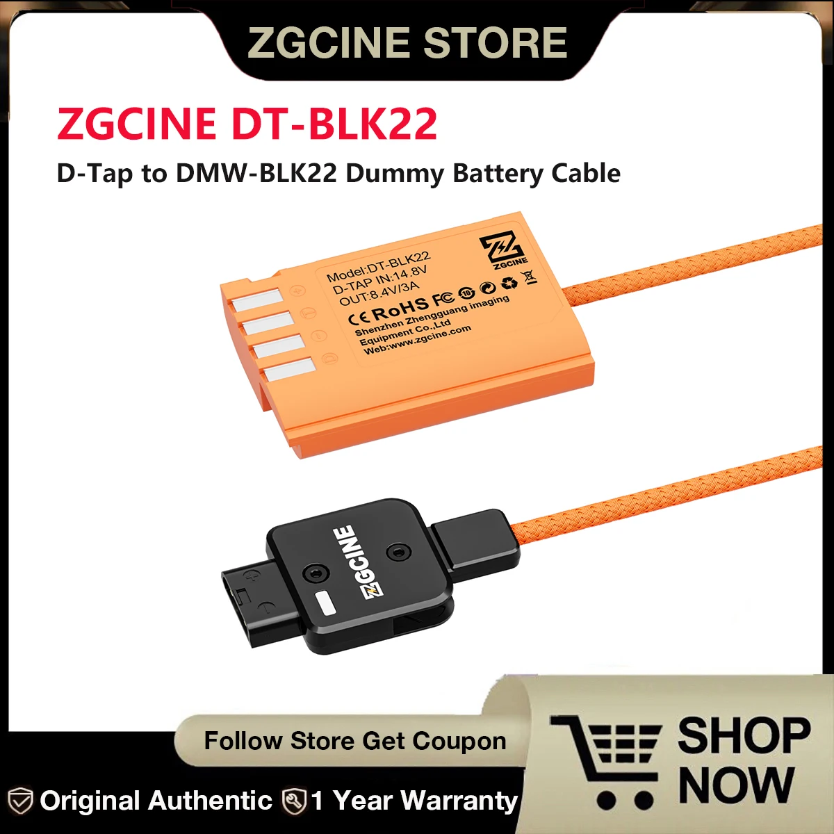 ZGCINE D-Tap to BLK22 For Panasonic Lumix Dummy Battery Cable(braided wire)