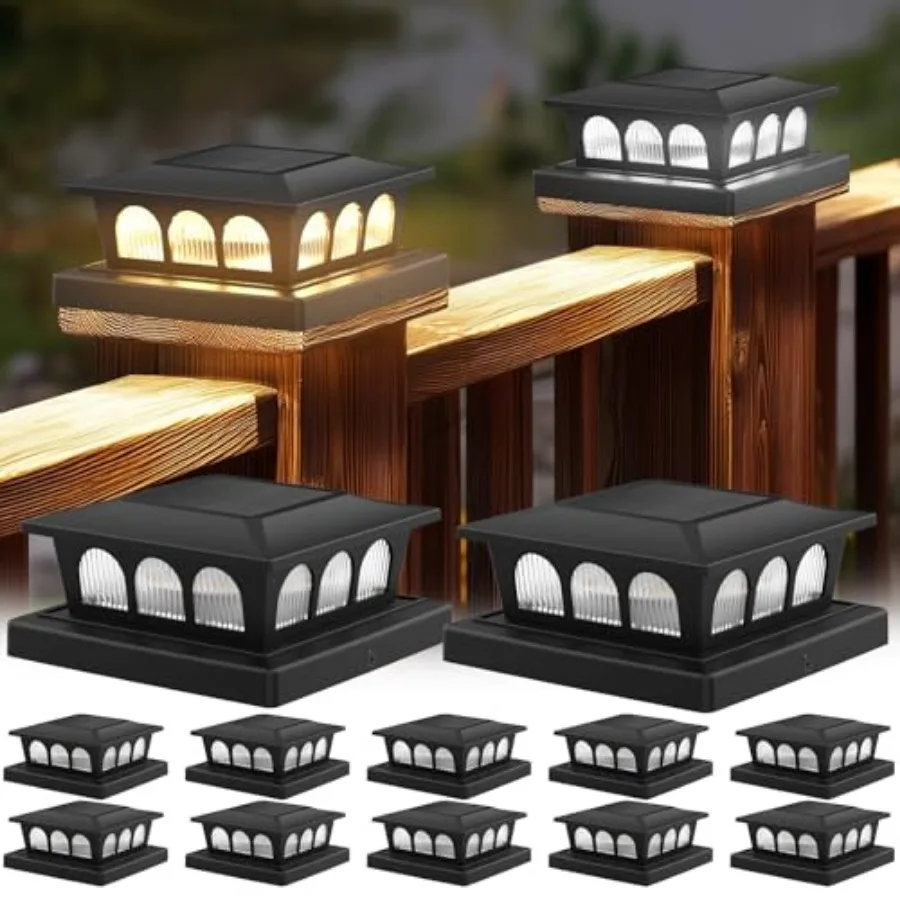 

Набор из 12 солнечных светильников для столбов, теплый белый и холодный белый свет, автоматическое включение/выключение, водонепроницаемые, для деревянных/виниловых столбов 4x4, 5x5, 6x6