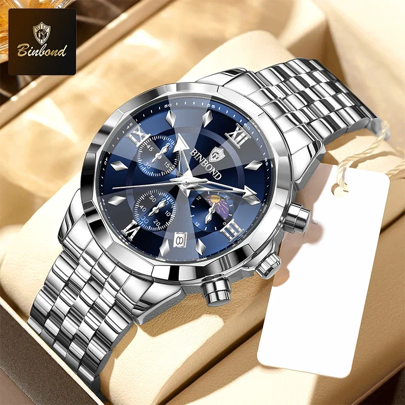 

BINBOND модные роскошные мужские кварцевые часы оригинальные водонепроницаемые светящиеся часы с хронографом из нержавеющей стали деловые мужские часы Reloj
