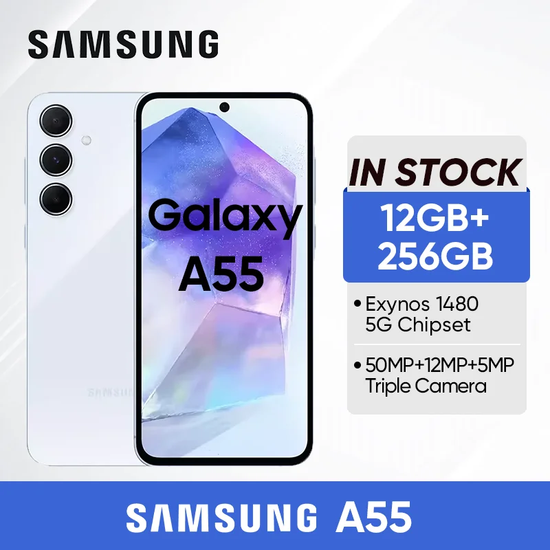 Samsung-Smartphone A55 5G, Exynos 1480 Octa Core, batterie 5000mAh, charge 25W, 6.6 ", 120Hz FHD +, Super AMOLED, 32MP Selfie, Original, Nouveau