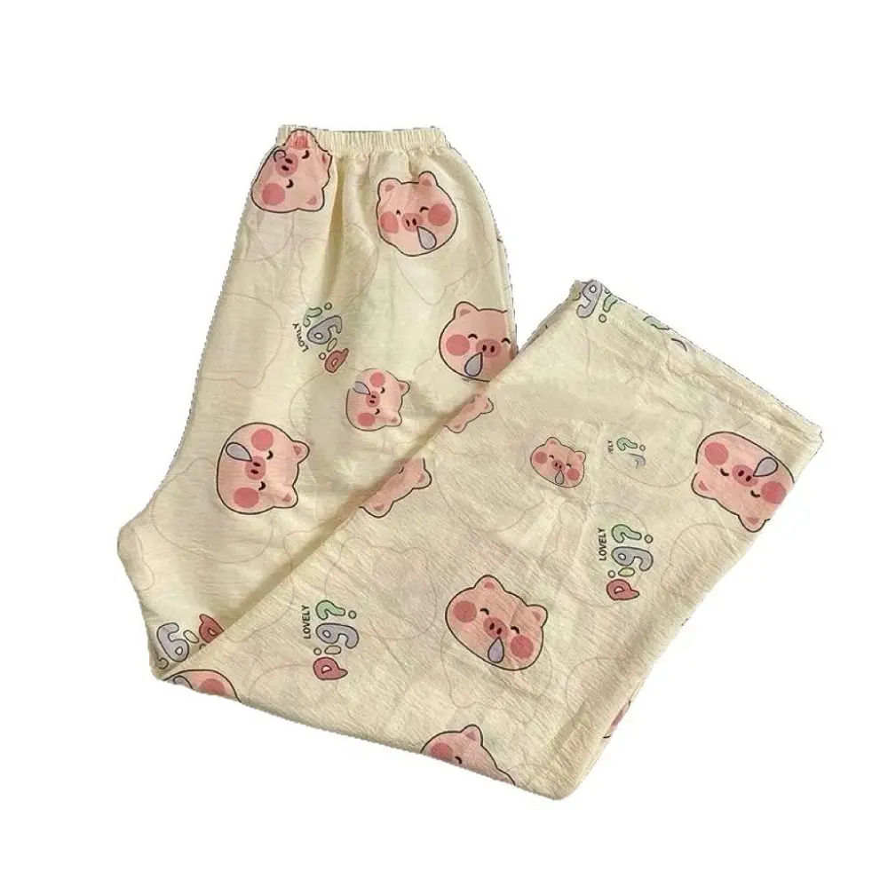 New Cartoon Print Long Pants High Waist Loose Sleep Bottoms Wide Leg Casual Pajama Summer