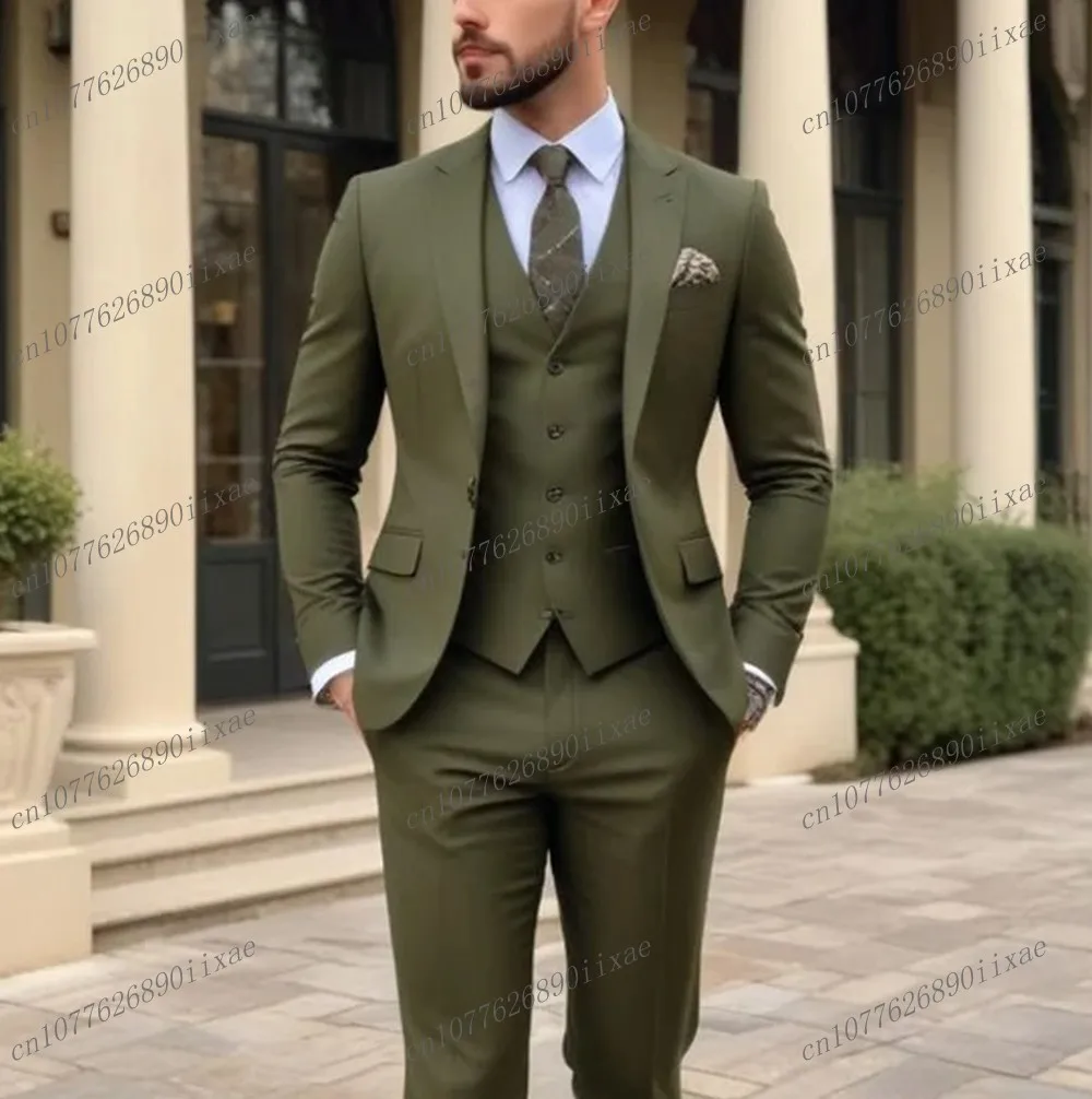 

High Quality Army Green Men Suit Groom Groomsman Wedding Party Prom Business Formal Male Tuxedos 3 Piece Set Blazer Vest Pants