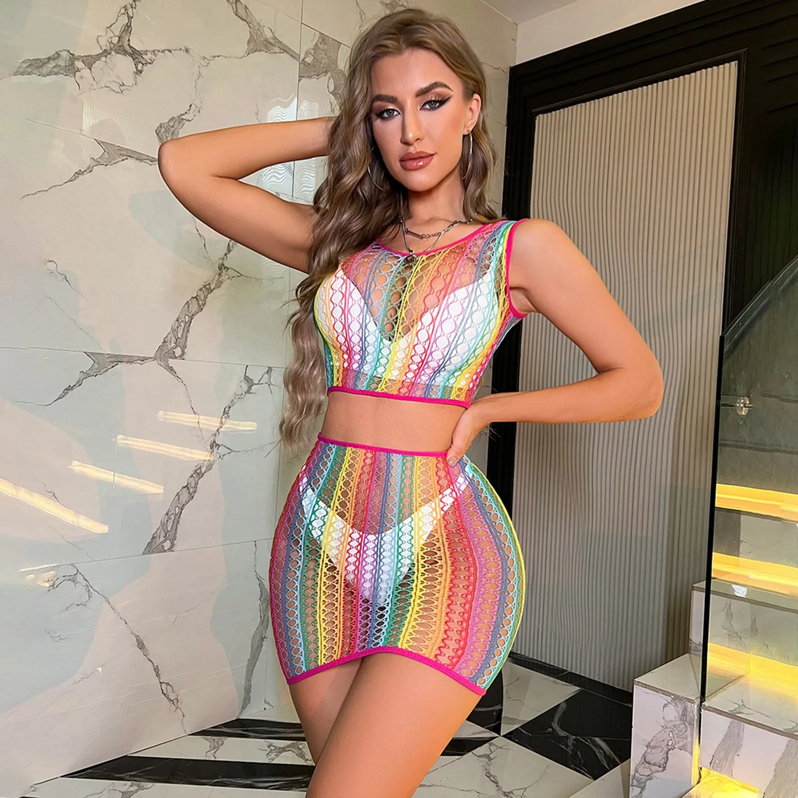 Dames Regenboogkleur Visnet Strandjurk Badpak Cover Up Vrouwen Sexy Mesh Holle Doorzichtige Jumpsuits Kostuums Lingerie