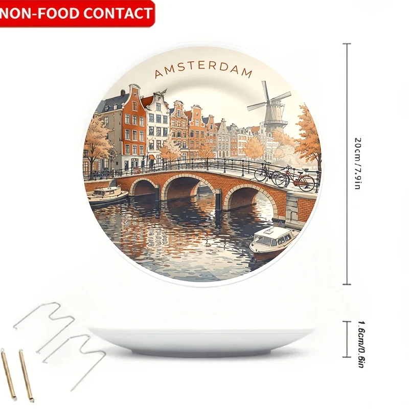 Not for Food Contact. A Single 20cm/7.9in Ceramic Decorative Plate with Exquisite Texture and Beautiful Amsterdam Canal-themed